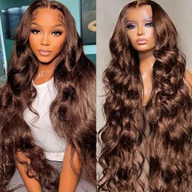 Imagem de KinMos Perucas de cabelo humano de 71 cm 33 x 15 cm marrom chocolate pré-arrancadas densidade 180 HD transparente ondulado do corpo perucas de cabelo humano sem cola frontal marrom perucas para