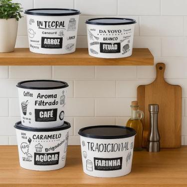 Imagem de Kit potes porta mantimentos 5pcs plastico multiuso black branco 2l dec