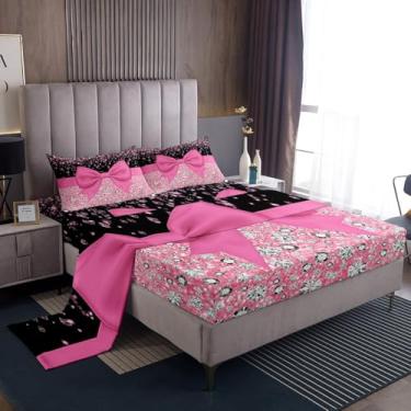Imagem de Erosebridal Jogo de lençol com laço rosa kawaii, laço kawaii, fita de seda, tamanho Queen, com estampa de lantejoulas com glitter, lençol de cima de diamante, estilo princesa sonhadora, decoração de
