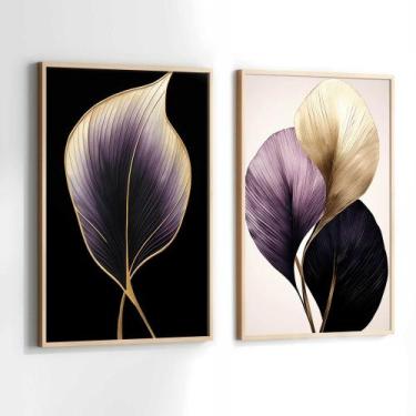 Imagem de Conjunto Quadros Decorativos com Moldura Floral Roxoe Dourado Folhas L