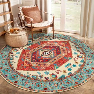 Imagem de SERISSA Tapete redondo boho, tapete circular lavável antiderrapante de 1,2 m, ultramacio, oriental, vintage, laranja, pequeno, tapete circular para quarto, entrada, quarto de crianças, escritório