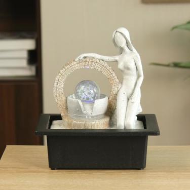 Imagem de TiCin Fonte de água de mesa com luz giratória, design decorativo de figura de resina, bola de rolamento iluminada por LED, decoração de escritório em casa interna, 28,4 x 23 x 17,8 cm (tipo B)