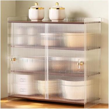 Imagem de Armário De Armazenamento De Despensa De Cozinha Para Bancada, Armário Organizador Multiuso Com 2 Portas De Acrílico Listradas Deslizantes, Despensa De Alimentos De Balcão De Mesa, Brown, D