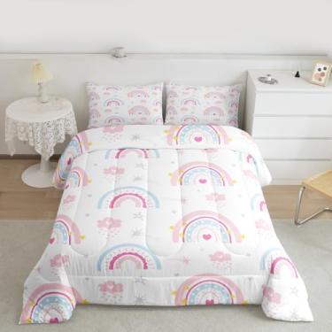 Imagem de Feelyou Conjunto de edredom fofo arco-íris para todas as estações, rosa e azul, com 1 fronha, microfibra e estampa de estrelas, roupa de cama solteiro, desenho animado, edredom fofo