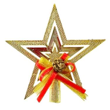 Imagem de Ponteira Estrela Com Laço Para Árvore De Natal 15cm Dourada Enfeite De