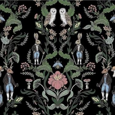 Imagem de MuralPeel Papel de parede vintage preto escuro damasco rosa folha de flor animal coelhos coruja veado papel de parede autoadesivo removível fácil de retirar papel de parede para armário de quarto