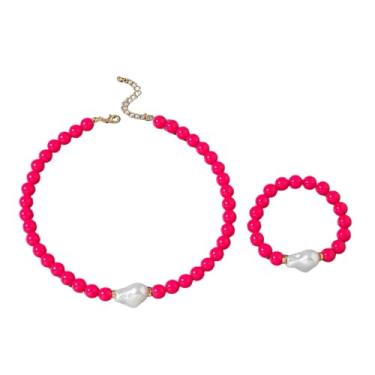 Imagem de HWJQ Colar de contas redondas coloridas conjunto de joias irregulares barrocas colar de pérolas gargantilha contas de acrílico pulseira elástica para mulheres, Middle, Acrílico, Sem Pedra Preciosa