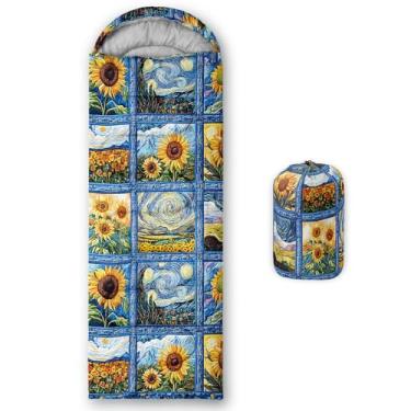 Imagem de QOOMO Sacos de dormir à prova d'água de girassol azul para adultos e crianças, sacos de dormir impressos para acampamento, clima quente e frio de 3 estações, viagens e ao ar livre, equipamentos de