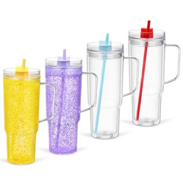 Imagem de Pacote com 4 copos de globo de neve de 1,134 g com alça, copos de globo de neve de acrílico com orifício pré-perfurado, caneca de café de plástico transparente reutilizável de parede dupla para globo