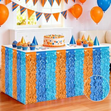 Imagem de Pacote com 2 saias de mesa, saia de grama azul laranja azul para mesa, saias de mesa onduladas metálicas com franja, saia de cortina de mesa de grama para decoração de festa temática BlueDog