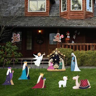 Imagem de VCUTEKA Decoração de quintal de Natal ao ar livre com luzes LED placas de natal presépio com estacas de metal para festa de Natal, decoração de jardim, placas de Natal ao ar livre para quintal