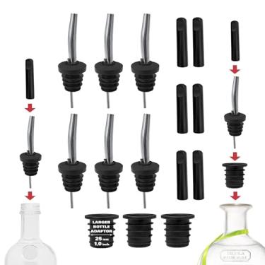 Imagem de Pacote com 6 garrafas de aço inoxidável para bebidas – 6 tampas de poeira e 3 adaptadores – Bico sem gotejamento – Bicos para bebidas alcoólicas e barmans – Bico de velocidade de ajuste universal