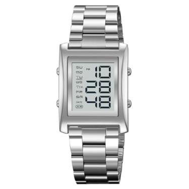 Imagem de Relógios masculinos modernos multifunções para esportes ao ar livre relógio EL Light grande display digital cronógrafo aço inoxidável relógios retangulares, Prata, Esportes ao ar livre