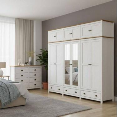 Imagem de Conjunto Guarda-Roupa 12 Portas e Cômoda 8 Gavetas 100% Madeira Maciça - Topázio Finestra Móveis Branco/Freijó