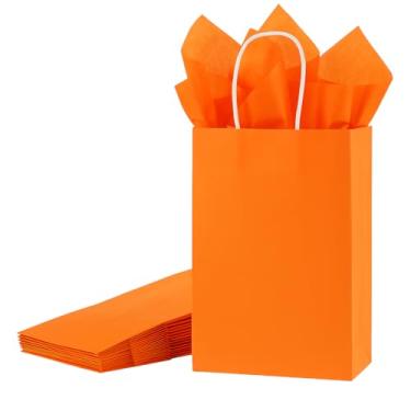 Imagem de SUNCOLOR Pacote com 24 sacos de presente laranja com alças – Sacos de presente de 20 cm com 24 papéis de seda laranja para lembrancinhas de festa, Halloween, festas de outono, aniversários e eventos