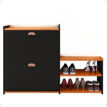 Imagem de Sapateira Organizadora Com Banco Integrado - 2 Portas Basculantes E Puxador Concha Milano Para Hall De Entrada, Quarto E Closet - Assento PráTico Para Vestir Sapatos(Preto/Cinamomo)