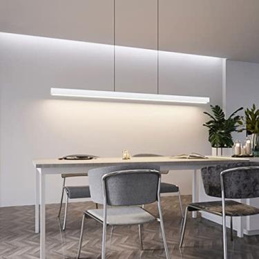 Imagem de Luminária pendente linear moderna com controle remoto, altura ajustável, luminária suspensa para mesa de jantar, sala de jantar ou escritório, branca, 48W, 120cm