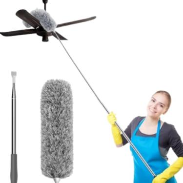 Imagem de Espanador de Pó Ajustável Até 2,80 Metros com Cabo em Aço Inox Haste Flexível para Limpar e Remover Poeiras em Lugares Alto, Teto, Ventilador, Armários e Persianas - Utensílio Multioso para Casa