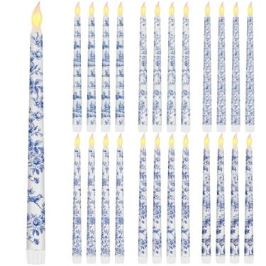 Imagem de Kuabiz 24 velas chinoiserie sem chama velas cônicas florais de 27 cm azul e branco vela operada por bateria decoração chinoiserie para mesa de casamento centro de mesa jardim casa decoração