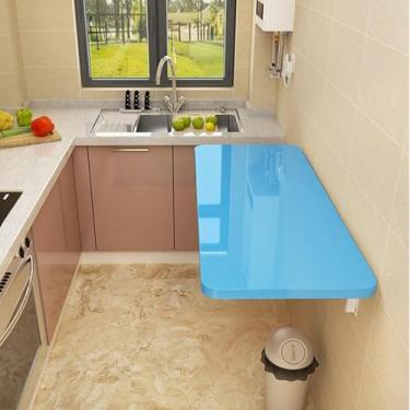 Imagem de Mesa dobrável montada na parede, mesa de jantar pequena, mesa de parede de madeira, suporte resistente, mesa de parede resistente estável para cozinha, lavanderia, restaurante e tamanhos (cor: azul