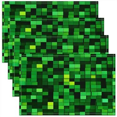 Imagem de Jogo americano Pixelated Blocks Miners Kids Conjunto de 4 tapetes de mesa de videogame, gamepad de videogame, decoração de cozinha de patchwork de grade geométrica, decoração de mesa de cozinha verde