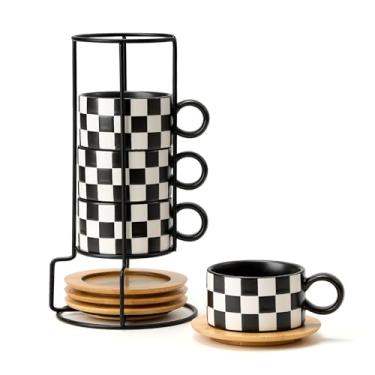 Imagem de LUKA Conjunto de 4 xícaras de café expresso de cerâmica empilháveis preto e branco com pires e suporte de metal, conjunto de 4 xícaras de cappuccino para bebidas de café, café com leite, café mocha e