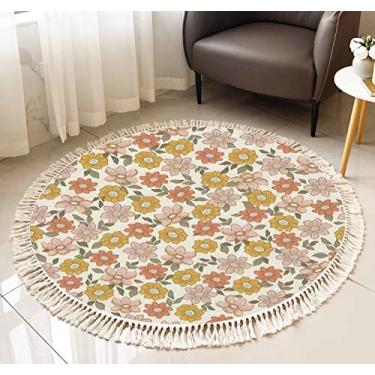 Imagem de Tapete redondo com franja retrô boho flor sem costura vintage anos 70 desenhado em papel para tecido boho tapete de linho tecido à mão pátio corredor tapete decoração de casa sala de estar mesa de