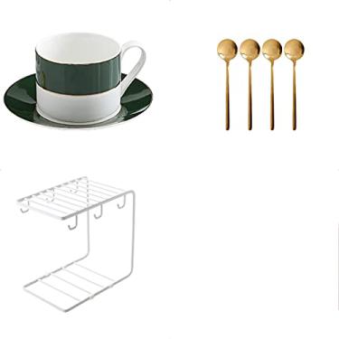 Imagem de Conjunto de chávenas de chá de estilo europeu e pires conjuntos de 4 xícaras de café expresso com acabamento dourado porcelana 198 g xícaras de café com pires colheres (cor: cinza azul) (verde escuro)