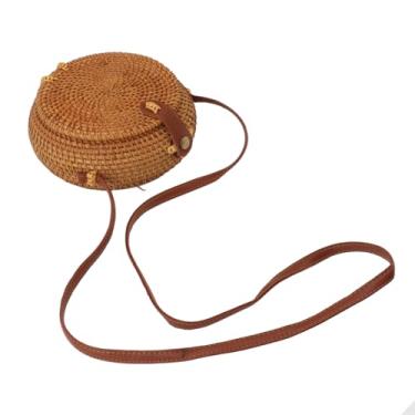 Imagem de QANYEGN Bolsa redonda de palha de vime, bolsa redonda tecida à mão, cesta circular boho com alça de couro para viagens, piquenique de verão (Oval with Lining)
