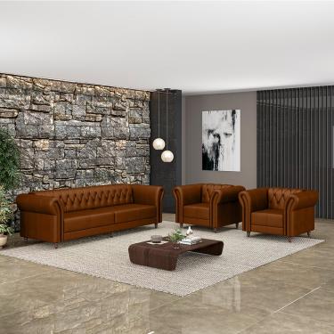 Imagem de Conjunto Sala de Estar 1 Sofá Living 240cm e 2 Poltronas Stanford Chesterfield Pés Madeira Couro Caramelo G58 - Gran Belo