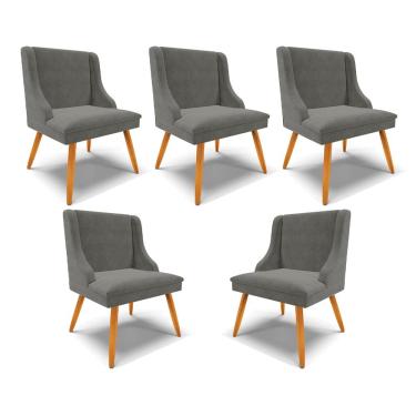 Imagem de Kit 5 Cadeiras Decorativas Sala de Jantar Pés Palito de Madeira Firenze Suede Grafite/Natural G19 - Gran Belo