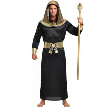 Imagem de GOBWCOT Egyptian Pharaoh Costume Men Egypt Faraon King Toga King Tut Outfit for Halloween Cosplay Adult (Black, L)