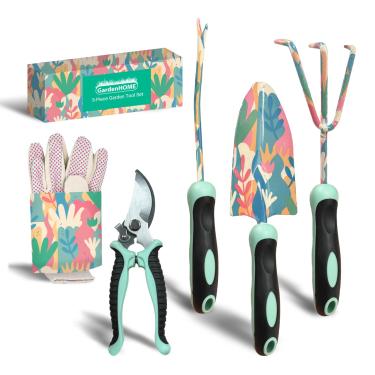 Imagem de GardenHOME Conjunto De Ferramentas 5 Peças, Kit Jardim Durável Com Cabos Ergonômicos Antiderrapantes, Acessórios E Presentes Para Mulheres, Design Floral Trabalhos Jardinagem