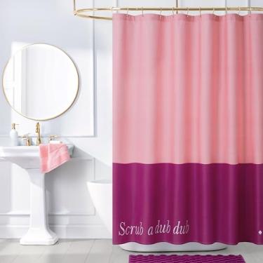 Imagem de Kate Spade New York Cortina de chuveiro Scrub A Dub Dub Color Block, 183 x 183 cm, feita de 100% algodão, lavável na máquina, cortina de chuveiro rosa em dois tons