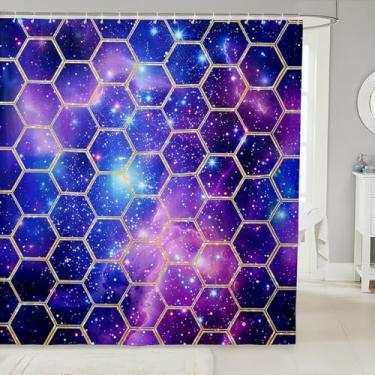 Imagem de Cortina de banho geométrica de favo de mel, cortina de chuveiro de banheiro estrelada galáxia azul roxa para crianças, meninos, tecido à prova d'água com glitter universo céu com ganchos para barracas