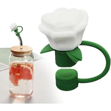 Imagem de Capas de palha de flor rosa de 10 mm para copo Stanley, capa de silicone à prova de poeira, pontas de canudo de flor, tampa de poeira para acessórios de 30 e 1,134 g (branco)