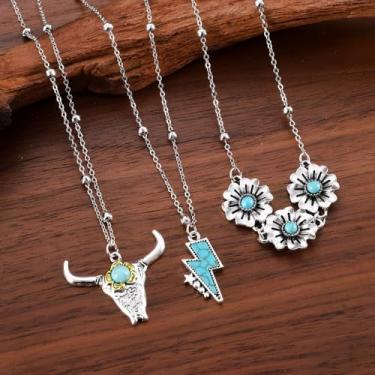 Imagem de 3 peças/conjunto de colar ocidental para mulheres, corrente em camadas, turquesa, chapéu de vaqueira, botas, pingente de cabeça de vaca, colar tribal, acessórios de joias, One Size, Liga de aço, Sem