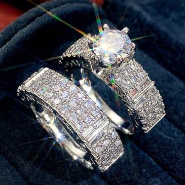 Imagem de 2 peças de anéis de noivado de zircônia cúbica branca banhada a ouro branco, alianças de compromisso, festas noturnas, presentes de dia dos namorados, alianças de eternidade para mulheres, 9, Cobre