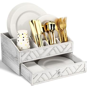 Imagem de Marsui Dispensador de pratos de papel, suporte de prato de papel para bancada com gaveta, organizador de talheres de madeira, organizador de talheres para colher, garfo, guardanapos, cozinha