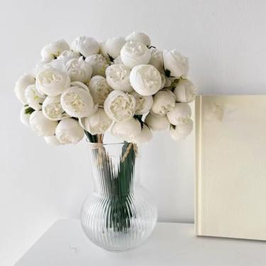 Imagem de 27 cabeças rosas peônia flores falsas retrô flores artificiais rosas buquê de seda para vaso de mesa, noiva, casamento, decoração de casa (branco)