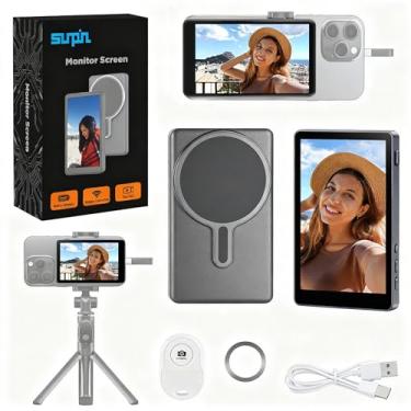 Imagem de SUNPIN Tela de monitor magnético Vlog Selfie com alto-falante integrado, tela de encaixe sem fio para telefone, vlogging e visualização ao vivo, carregamento USB, compatível com iPhone/Android (cinza)