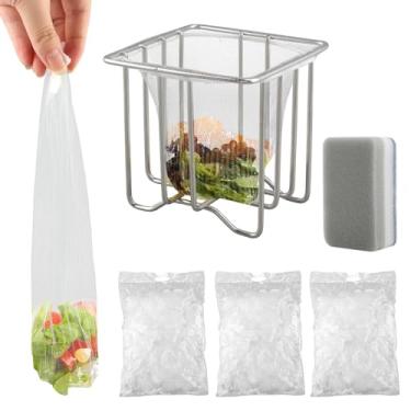 Imagem de Coador de pia de cozinha, suporte de cesta de pia e 150 sacos de rede de filtro e esponjas de esfrega, filtro coletor de lixo de aço inoxidável, rack de lixo de malha para sobras de lixo