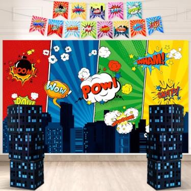 Imagem de SmoothNovelty 9 peças de decorações de festa de heróis incluem cenário de fotografia de cidade de 28 cm, 6 caixas de arranha-céus, 2 faixas com 13 bandeiras para crianças, tema de herói, artigos de