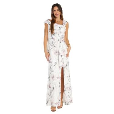 Imagem de R&M Richards Vestido de noite jacquard com estampa de um ombro só, Marfim/rosa, 44