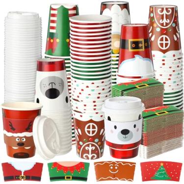 Imagem de Layhit Conjunto de 120 copos de café de Natal descartáveis de 340 g com tampas e mangas, papel de alce, boneco de neve, para Natal, bebidas quentes, aniversário, casamento, inverno, férias, festas