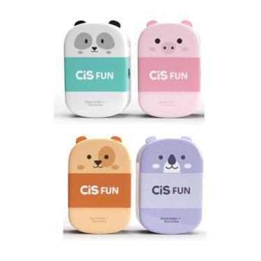 Imagem de Conjunto 4 Apontadores Escolar FUN com Borracha e Depósito Kit Escolar Fofo Animais Colorido