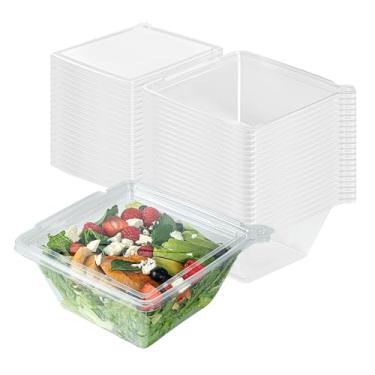 Imagem de Restaurantware Recipientes quadrados para viagem Tamper Tek 1,360 g 100 caixas duráveis para salada – Tigelas de plástico transparente congeláveis invioláveis descartáveis com tampas articuladas
