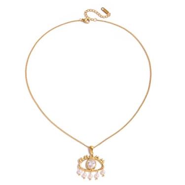 Imagem de Colar feminino com olho turco brilhante imitação de zircônia cúbica borla pérola pingente colar elegante dourado declaração símbolo de proteção turca joia para amigos da família