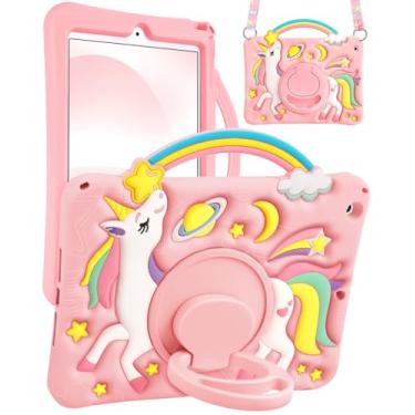 Imagem de Boaretiu Capa para iPad 9ª/8ª/7ª geração, 26,5 cm, 2021/2020/2019 – Capa de silicone 3D macia de unicórnio com alça e suporte giratório para tablets e meninas e adolescentes para iPad 9/8/7