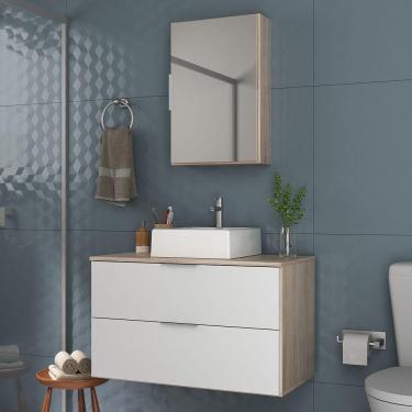 Imagem de Conjunto Gabinete Banheiro Rubi 80cm - Gabinete + Cuba + Espelheira Madeirado Branco